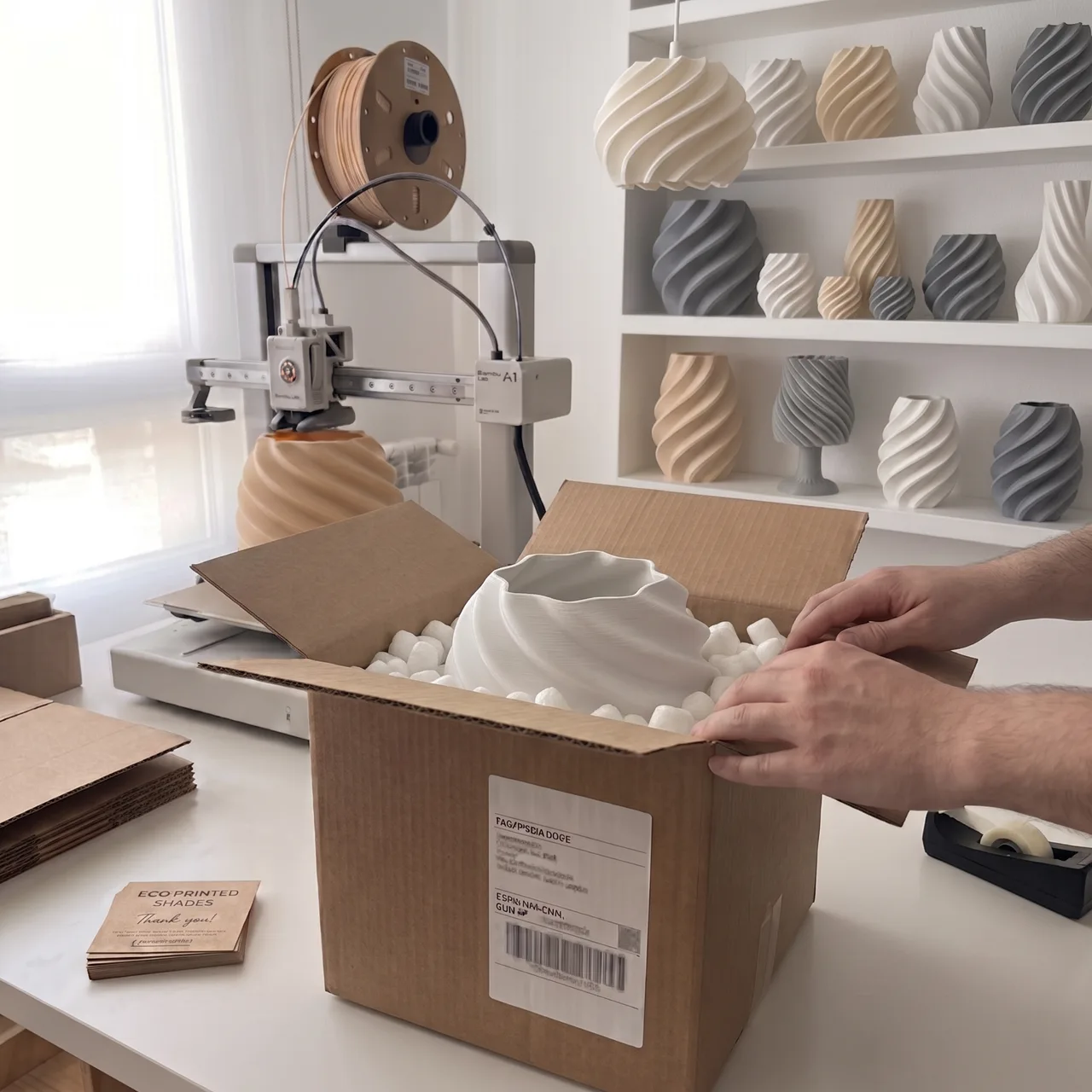 A maker packing a 3D-printed lamp shade into a shipping box beside a Bambu Lab A1 printer, with shelves of finished twisted lamps ready to sell.